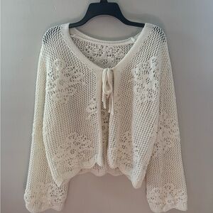 SHEIN Cream V-Neck Sweater with Lace Detailing. #A0005